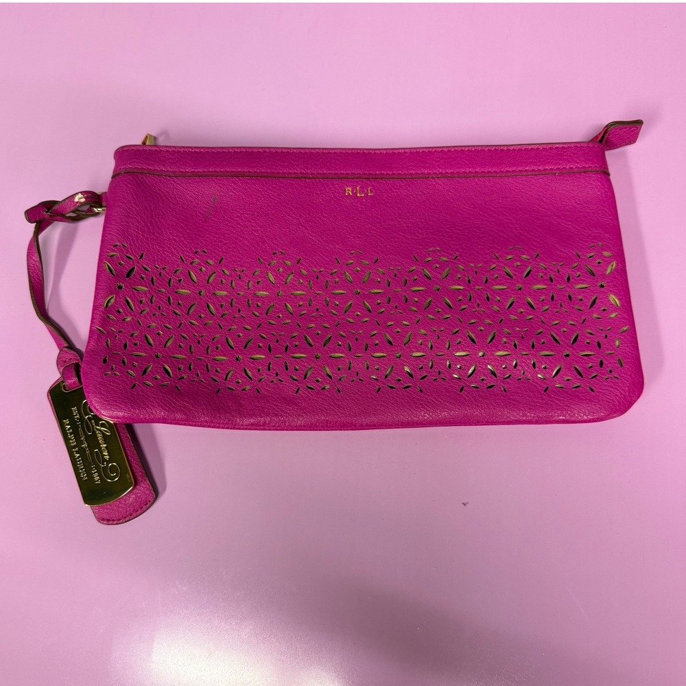 Ralph Lauren Pink‎ Leather Laser Cut Clutch Pouch Bag RL Logo Preppy Coquette